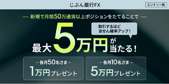 新規で月間50万通貨以上ポジションをたてることで最大5万円が当たる！