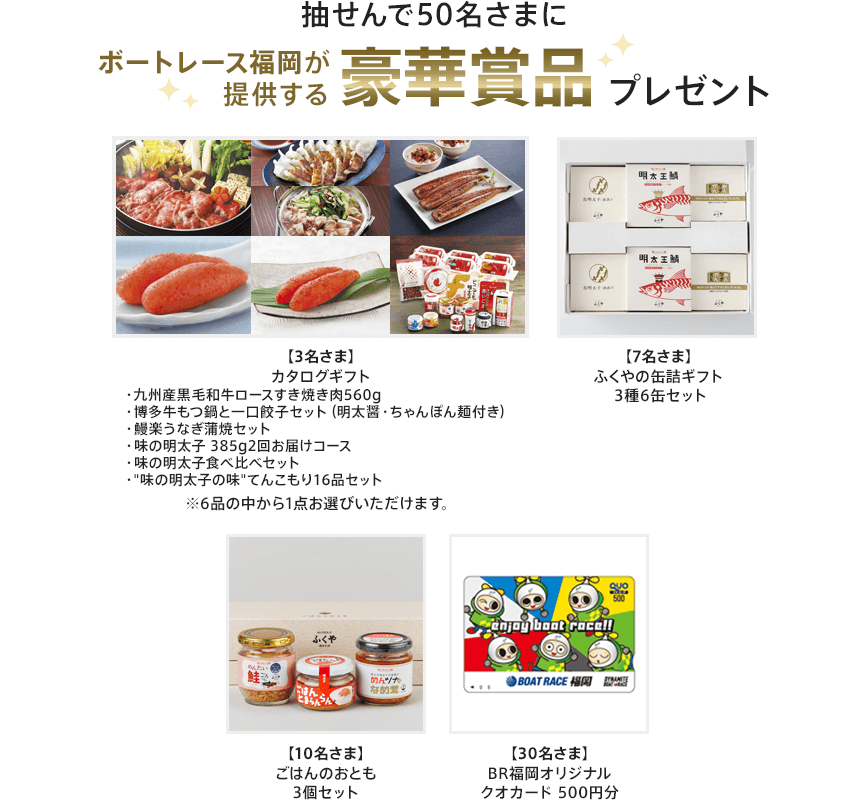 抽せんで50名さまにボートレース福岡が提供する豪華賞品プレゼント