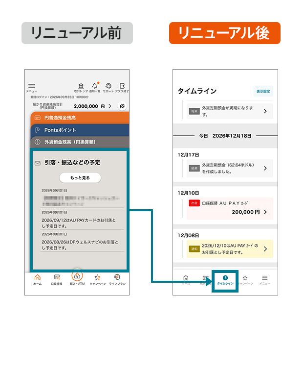 「引落・振込などの予定」が「タイムライン」に変更。