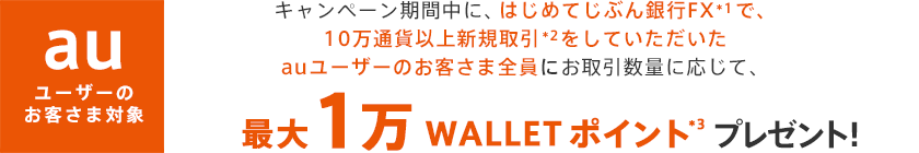 キャンペーン期間中に、はじめてじぶん銀行FX*1で、10万通貨以上新規取引*2をしていただいたお客さま全員にお取引数量に応じて、最大1万WALLET ポイント*3プレゼント!