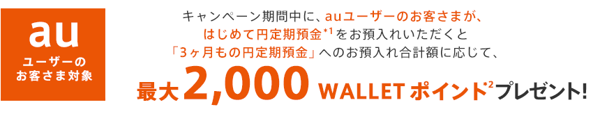 キャンペーン期間中に、はじめての円定期預金*1をお預入れいただくと「3ヶ月もの円定期預金」へのお預入れ合計額に応じて、最大2,000 WALLET ポイント*2プレゼント!