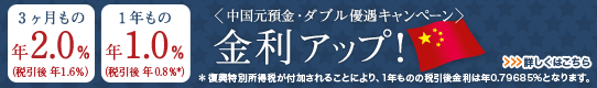 ＜中国元預金ダブル優遇キャンペーン＞預入期間3ヶ月・1年&nbsp;金利アップ！ 詳しくはこちら