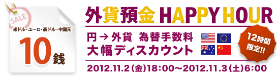 12時間限定 外貨預金 HAPPY HOUR(円→外貨 為替手数料 大幅ディスカウント) 外貨預金 HAPPY HOUR(円→外貨 為替手数料 大幅ディスカウント)