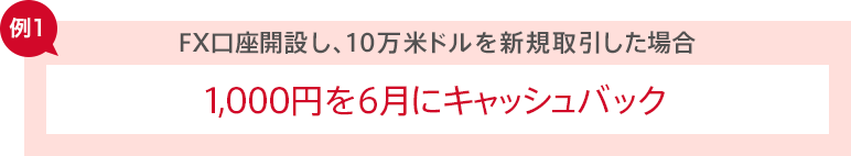 <例1>FX口座開設し、10万米ドルを新規取引した場合 1,000円を6月にキャッシュバック <例1>FX口座開設し、10万米ドルを新規取引した場合 1,000円を6月にキャッシュバック