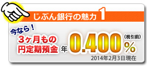 じぶん銀行の魅力1 今なら3ヶ月もの円定期預金 年0.400%(税引前) 2014年2月3日現在 じぶん銀行の魅力1 今なら3ヶ月もの円定期預金 年0.400%(税引前) 2014年2月3日現在