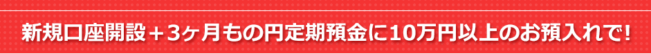 新規口座開設+3ヶ月もの円定期預金10万円以上お預入れで! 新規口座開設+3ヶ月もの円定期預金10万円以上お預入れで!