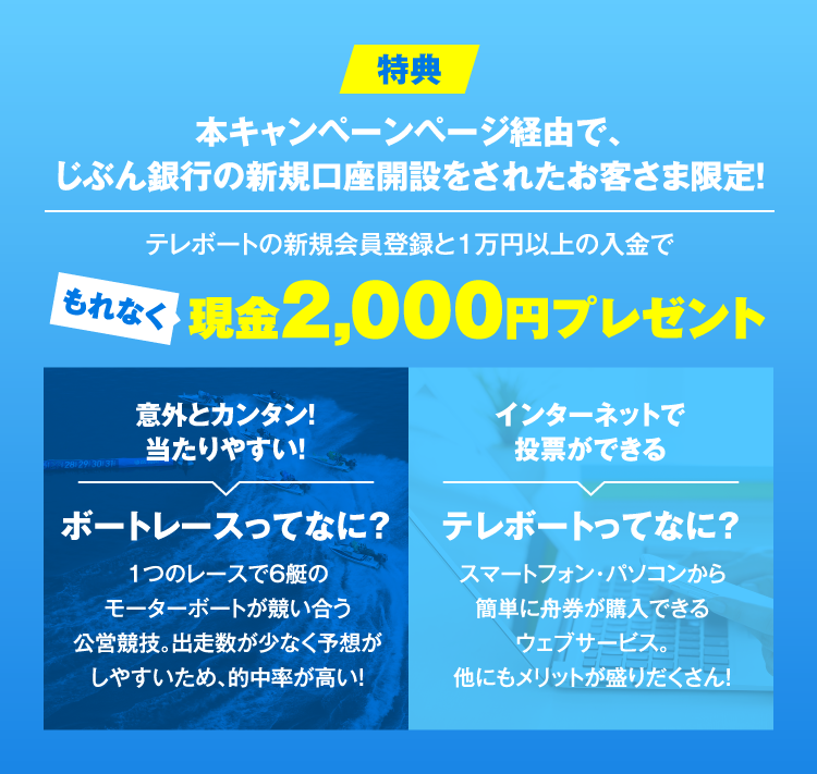 特典 本キャンペーンページ経由で、じぶん銀行の新規口座開設をされたお客さま限定! テレボートの新規会員登録と1万円以上の入金でもれなく現金2,000円プレゼント 意外とカンタン!当たりやすい! ボートレースってなに? 1つのレースで6艇のモーターボートが競い合う公営競技。出走数が少なく予想がしやすいため、的中率が高い! インターネットで投票ができる テレボートってなに? スマートフォン・パソコンから簡単に舟券が購入できるウェブサービス。他にもメリットが盛りだくさん!
