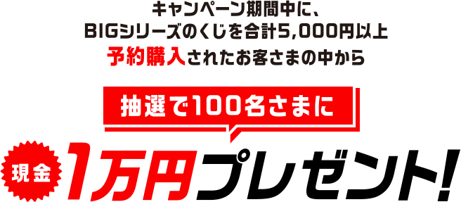 キャンペーン期間中に、BIGシリーズのくじを合計5,000円以上予約購入されたお客さまの中から抽選で100名さまに現金1万円プレゼント!