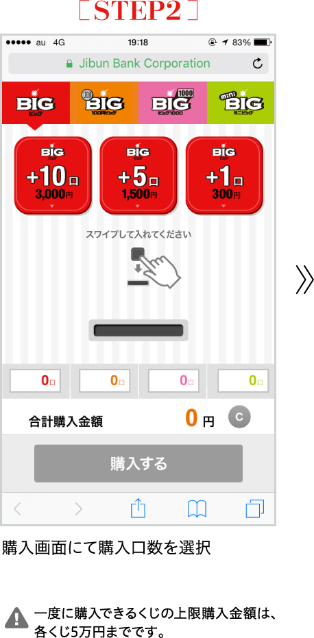 STEP2 購入画面にて購入口数を選択|一度に購入できるくじの上限購入金額は、各くじ5万円までです。