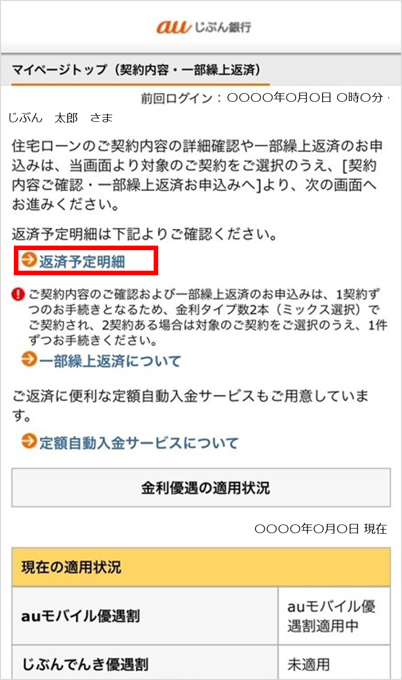 マイページトップ画面内「返済予定明細」のテキストリンクを示す図。
