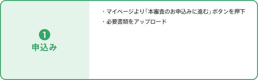 ①申込み。マイぺージより「本審査のお申込みに進む」ボタンを押下。必要書類をアップロード。